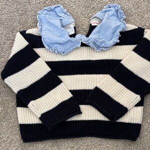 Striped Black and Cream girls Sweater with Blue Collar